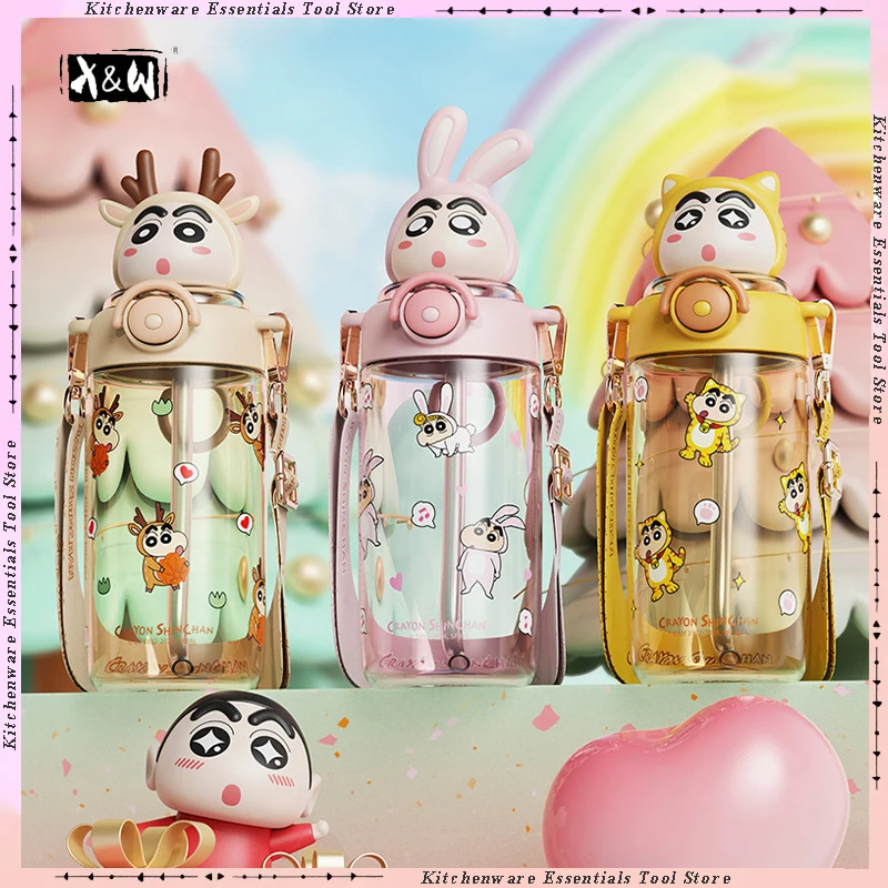 

X&W Straw Cup for Crayon Shin-chan Water Bottle 650ML BPA Free Plastic Cup with Portanle Handle Cute Cartoon Kids Drinkware
