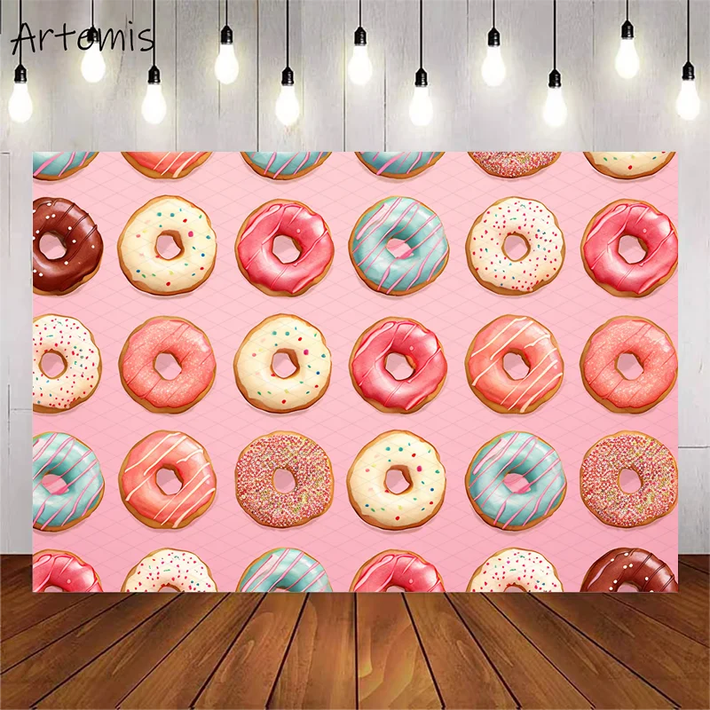 Fundo de retrato de aniversário infantil, Photography Backdrop, Pink Donuts, Sweet and Cute, Photo Studio, Dia dos Namorados