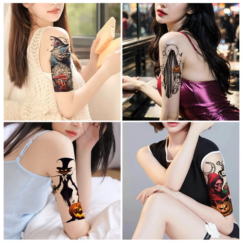 2023New Halloween Flower Arm Tattoo Sticker Pumpkin Skeleton Male Female Sticker Waterproof and Durable Temporary Tattoo SA08