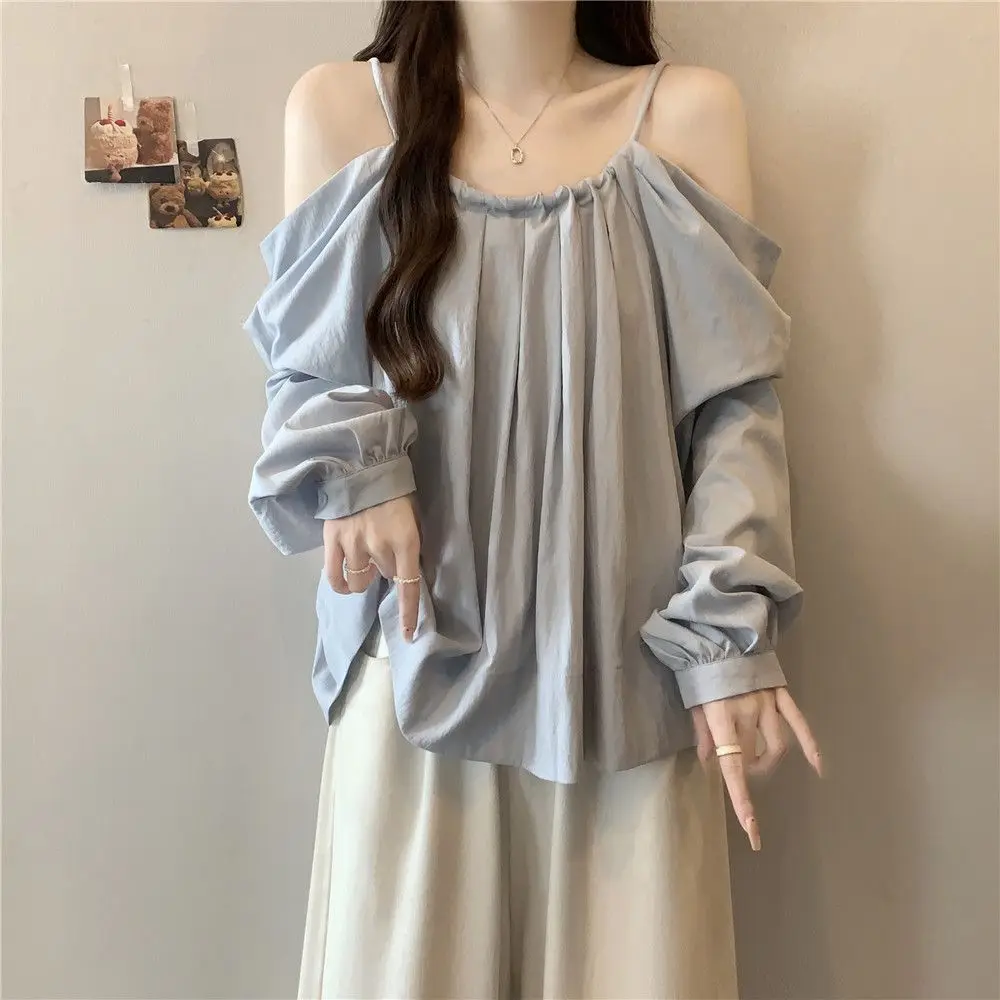 

Spring and Summer Large-size Women's Clothing New Solid-color Versatile Drawstring Suspender Off-the-shoulder Long-sleeved Shirt