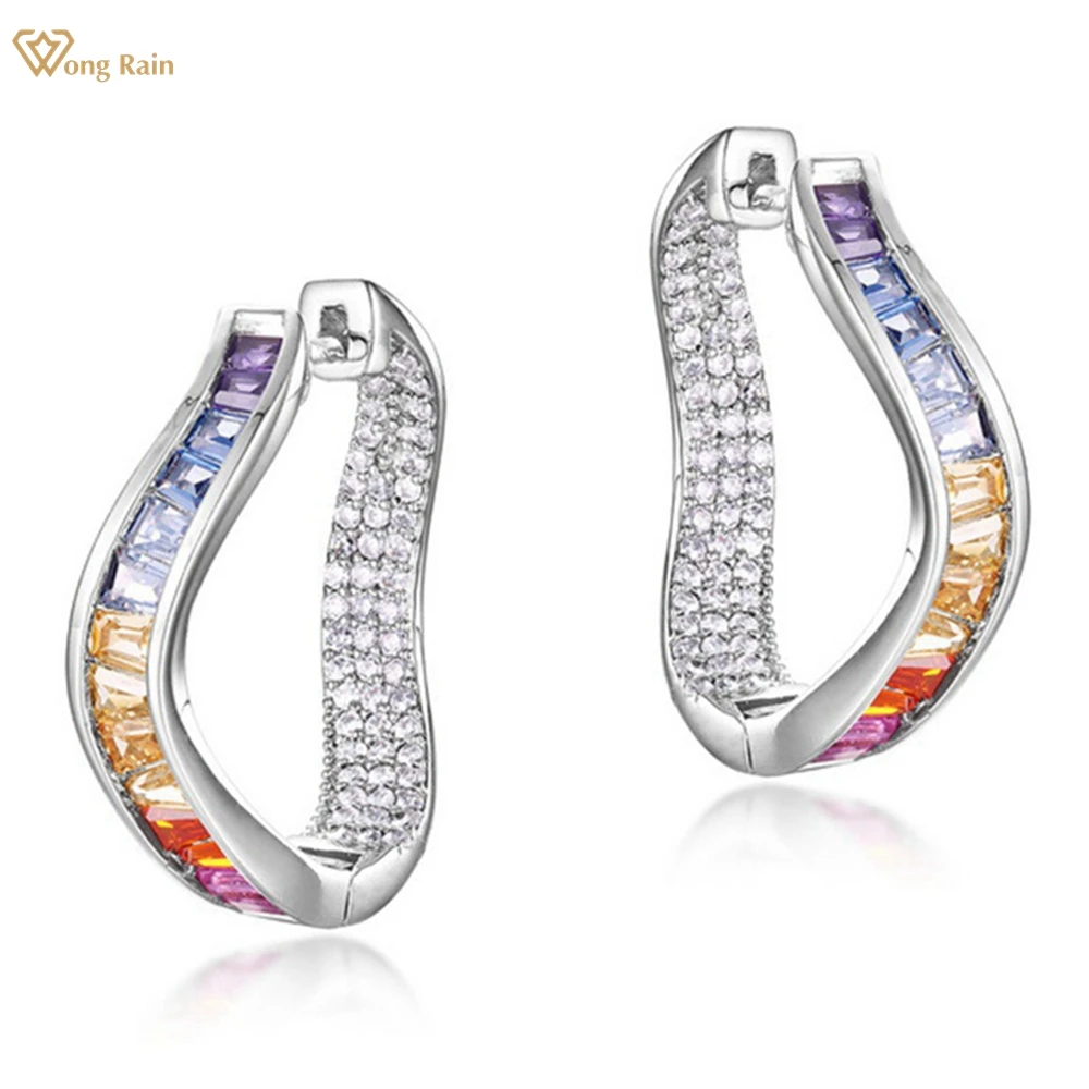 

Wong Rain 925 Sterling Silver 3 MM Lab Sapphire High Carbon Diamond Gems Colorful Irregular Hoop Earrings Fine Jewelry Wholesale