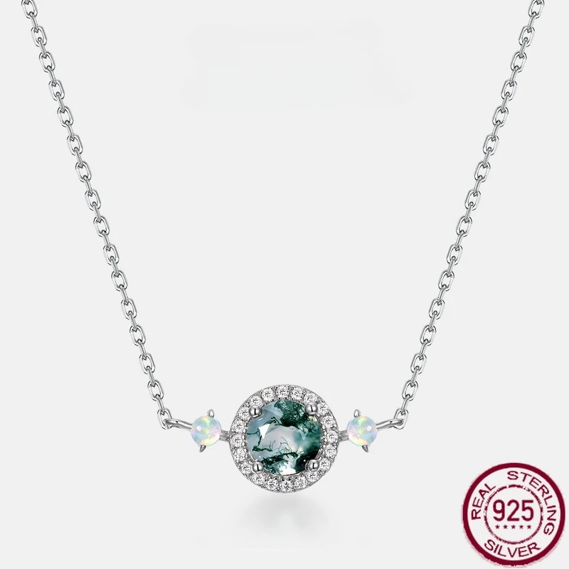 

New S925 pure silver classic light luxury water grass agate inlaid with green moss stone necklace light luxury wedding jewelry