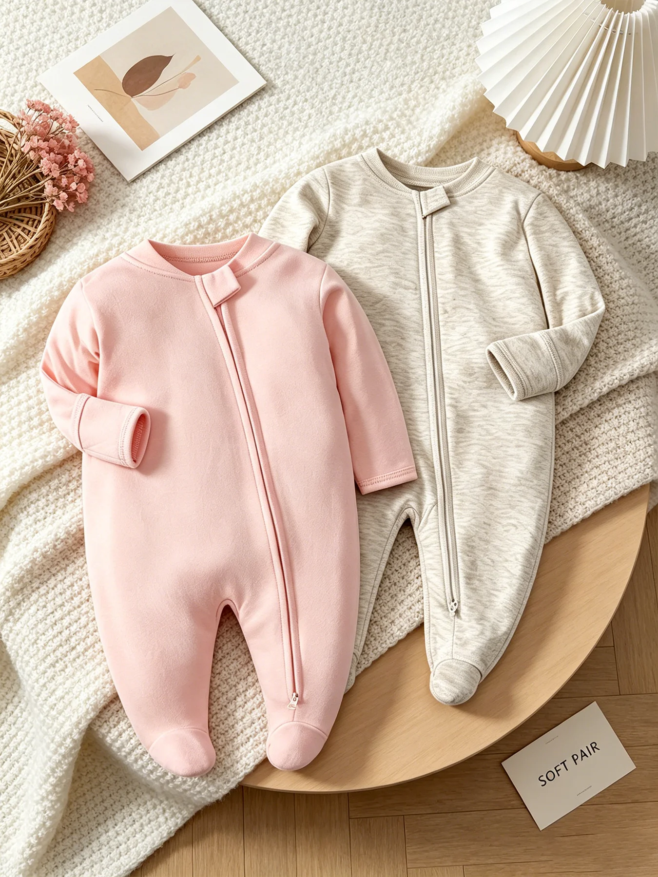 TtkaaBaby 100% Cotton Solid-Color Baby Girl Footed Long-Sleeve Side-Zip Two-Piece Romper Set—Gift Set for Newborns at One Month
