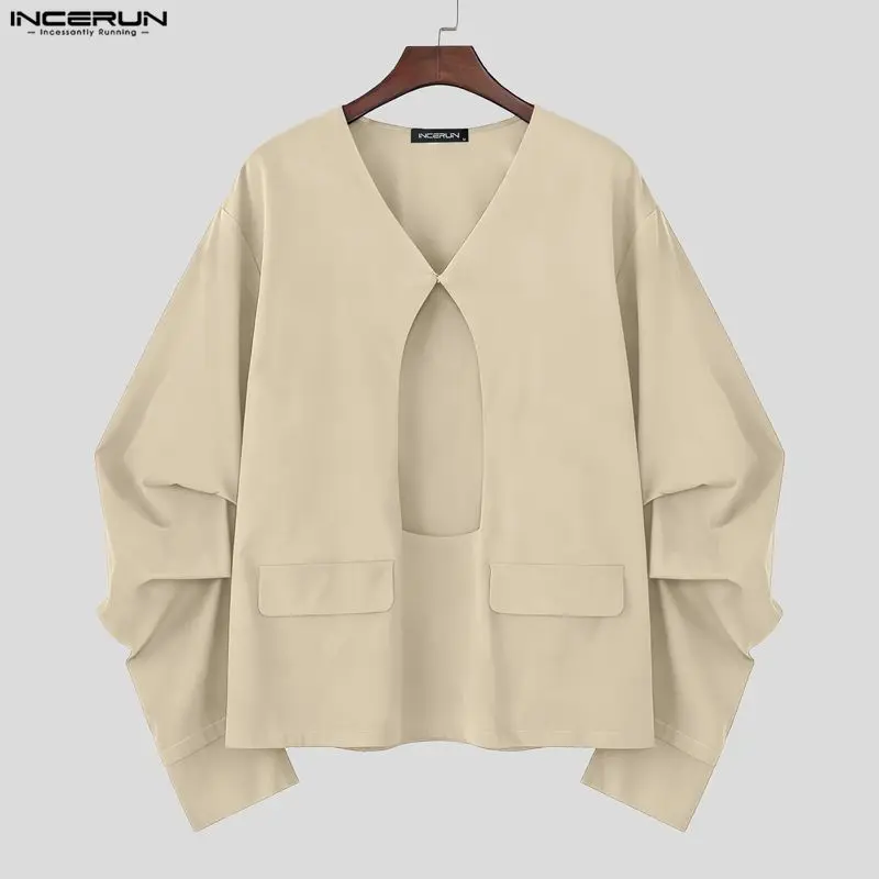 

Мужская рубашка INCERUN, однотонная, 2026, с V-образным вырезом, длинным рукавом, с перфорацией, уличная одежда, свободный крой, модные повседневные топы, размеры S-5XL