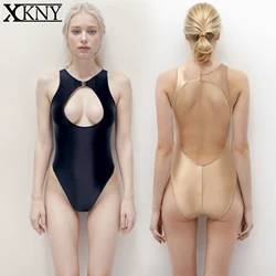 XClocKNYoung satin glossy swimsuit high elastic jumpsuit front open chest sexy silk smooth swimsuit satin glossy swimsuit
