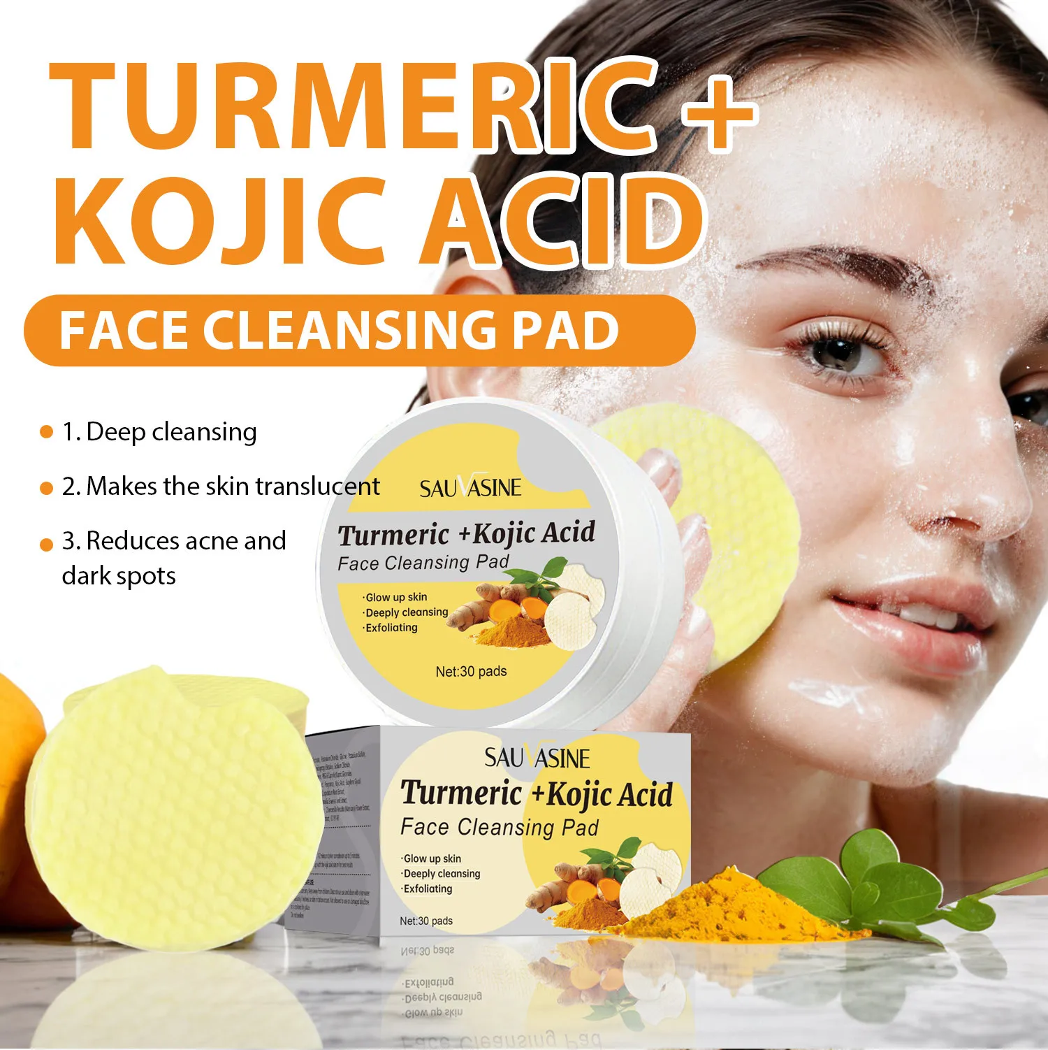 

30pcs Turmeric Kojic Acid Cleansing Pads Cleansing Moisturizing Brightening Exfoliating Remove Dirt Exfoliating Skin Care