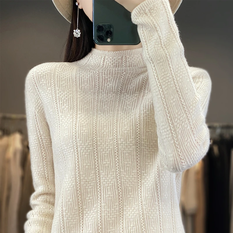 2025 New Leading Jacquard Knitted Woolen Sweater.   Spring and Autumn Women's Semi high neck Pullover Solid Color Base Shirt Top