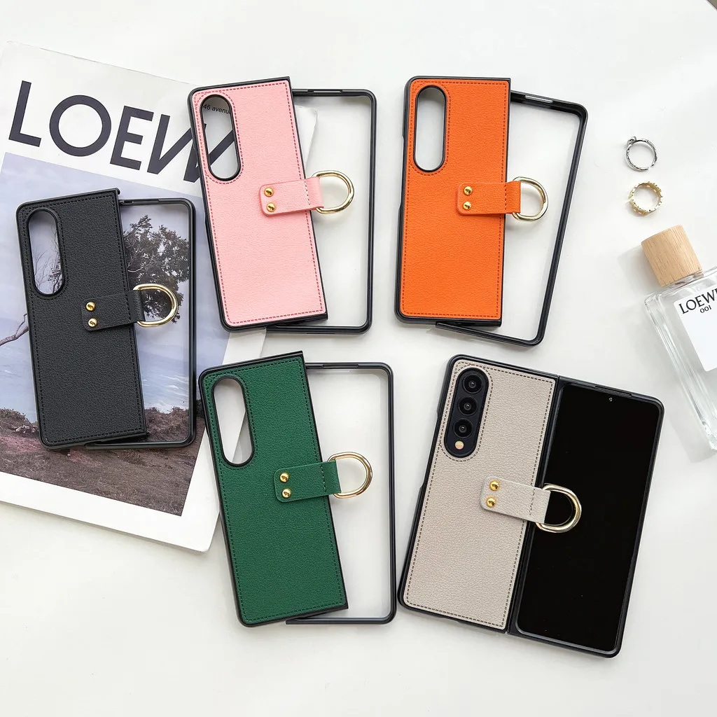 

Чехол для телефона Samsung Galaxy Z Fold 6, 5, 4, 3, 2, 5G с кольцевым держателем, однотонный складной кожаный чехол, устойчивый к падениям