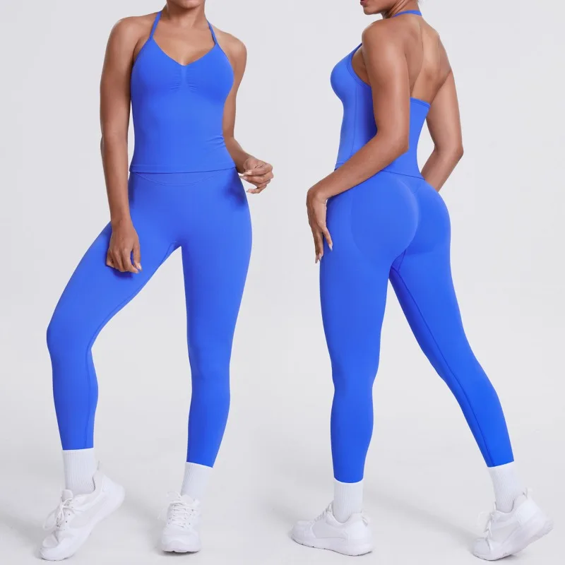 

Women's Seamless Neck Hanging Yoga Suit High Waist Hip Lifting Tight Fitting and Beautiful Back Set Outdoor Running Fitness Suit