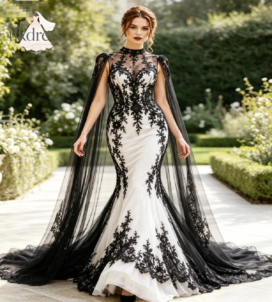 Black Lace Mermaid Gothic Wedding Dress 2027 High Neck Sheer Tulle Cape Dubai Arabic Bridal Gowns Vintage Halloween Customized