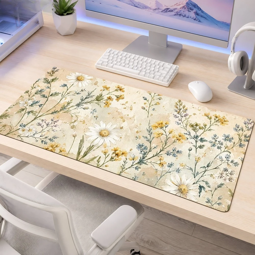 Beige watercolor wildflower daisy flower mouse pad, anti-slip, desk decoration accessory, computer desktop beautification