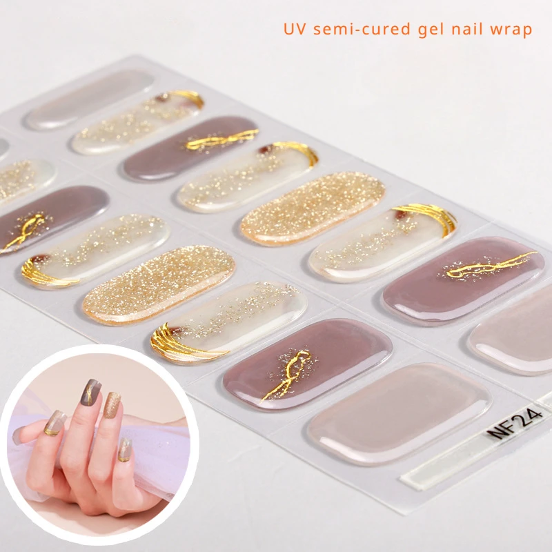 16Tips UV Semi Cured Gel Nail Strips French Tip Marble Gel Nail Stickers Half Roasted DIY Long-lasting Semi-Cured Gel Nail Kits