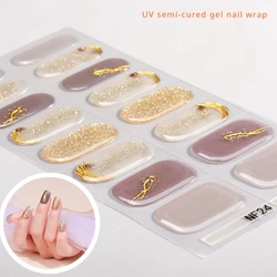 16Tips UV Semi Cured Gel Nail Strips French Tip Marble Gel Nail Stickers Half Roasted DIY Long-lasting Semi-Cured Gel Nail Kits