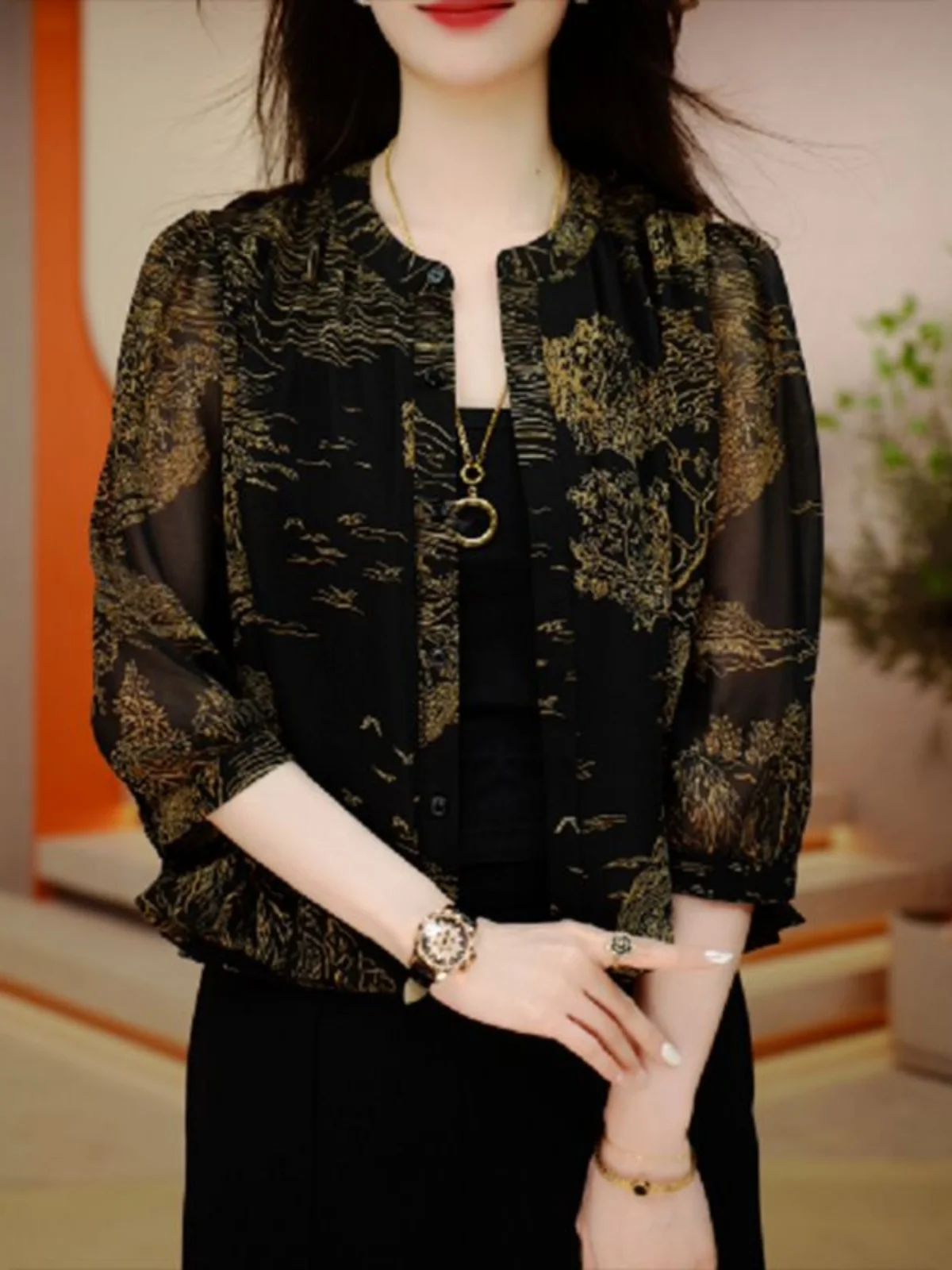 

New Chinese Sle Retro Faionable Women's irt Thin Loose Five-Sve Summer New High-End Loose Slimming Thin irt