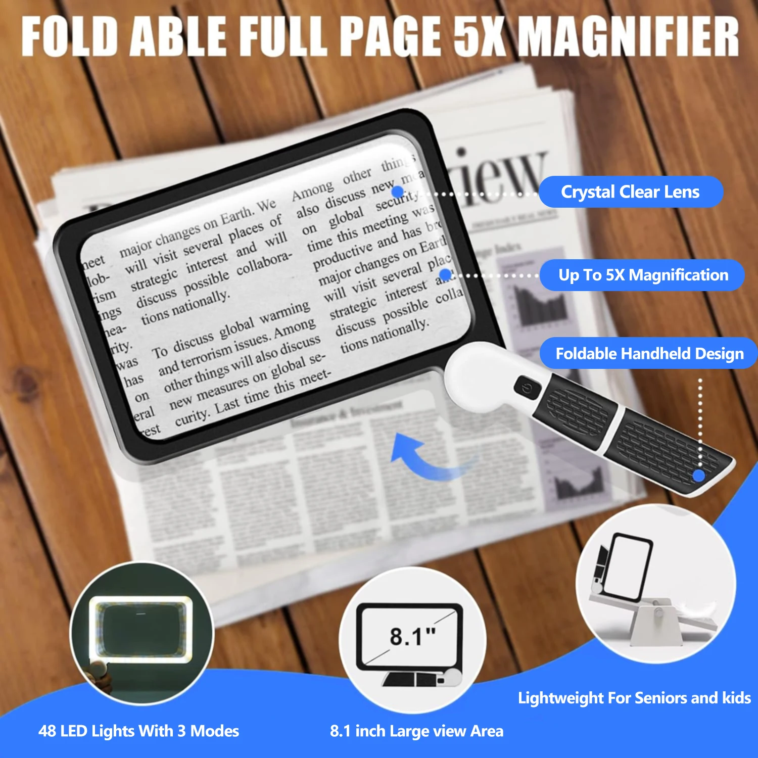 5X Magnifying Reading Hand Held Magnifiers With Lights Modes Wide View Magnification Folding Handle Portable Magnifier Read Tool