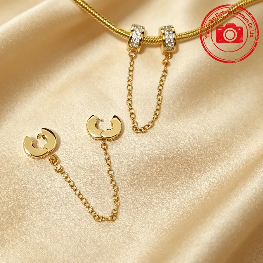 New DIY Jewelry Gifts Sparkling Golden Safety Chain Clip Wrapped Heart Lucky Star & Heart Bow Charm Beads Fit Original Bracelets