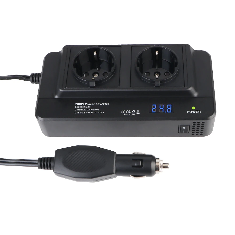 Car Power Inverter AC EU Socket Car 200W Inverter 4USB 400W Peak Auto Mounted DC To AC Accessories Cigarette Lighter 12V to 220V