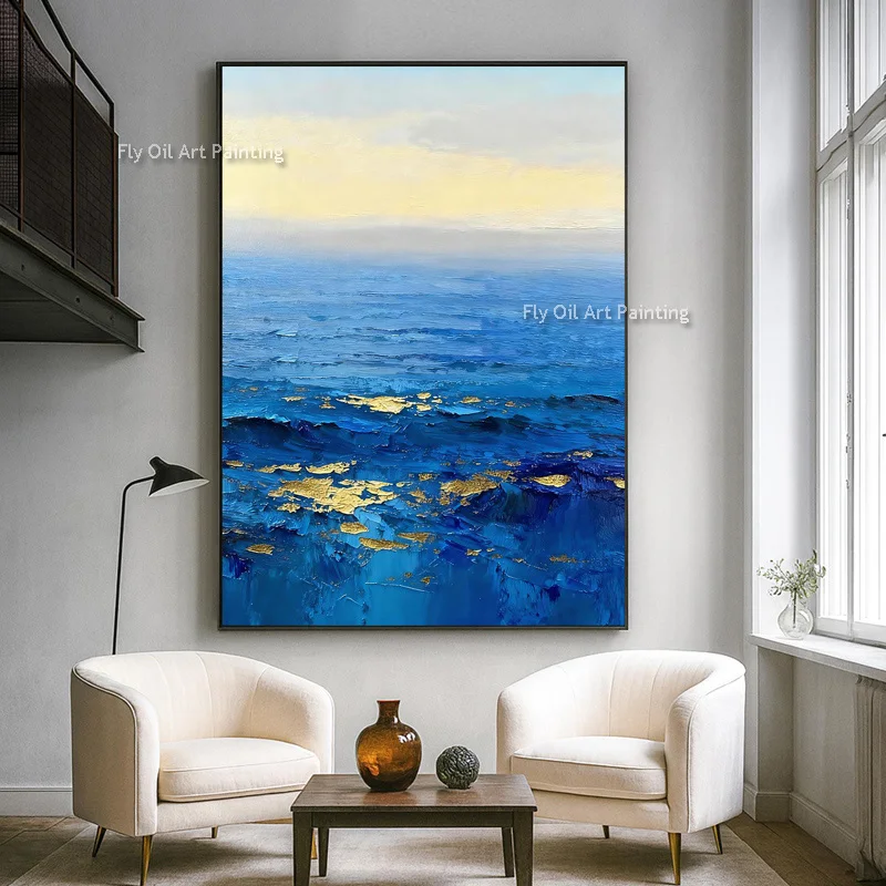 Original Handmade Palette Knife Ocean Canvas Oil Painting, Vibrant Blue Wave Abstract Coastal Wall Art
