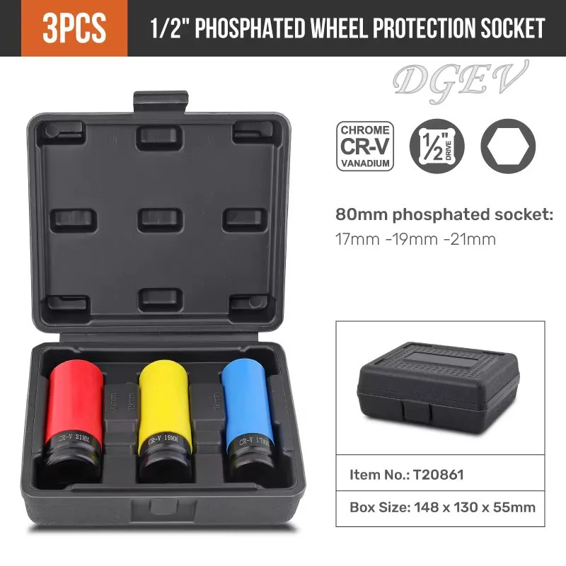 DGEV band zeshoekige dopsleutelset 1/2" aandrijving -17-22mm diepe muur slagdop voor bandenbescherming/autoreparatie wielset