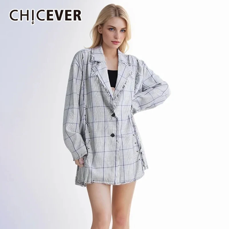 

CHICEVER Plaid Blazers For Women Notched Collar Long Sleeve Patchwork Single Breasted Slim Temperament Blazer Female Summer 2024