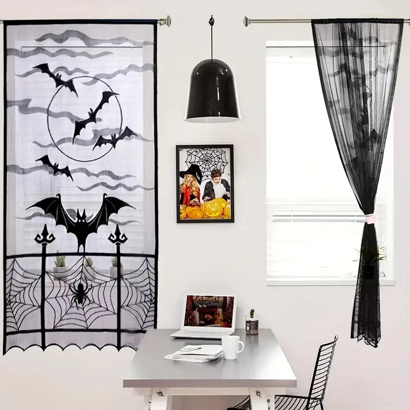 Halloween bat night curtains, with spider web fence pattern, for Halloween party, window and door decorative curtain