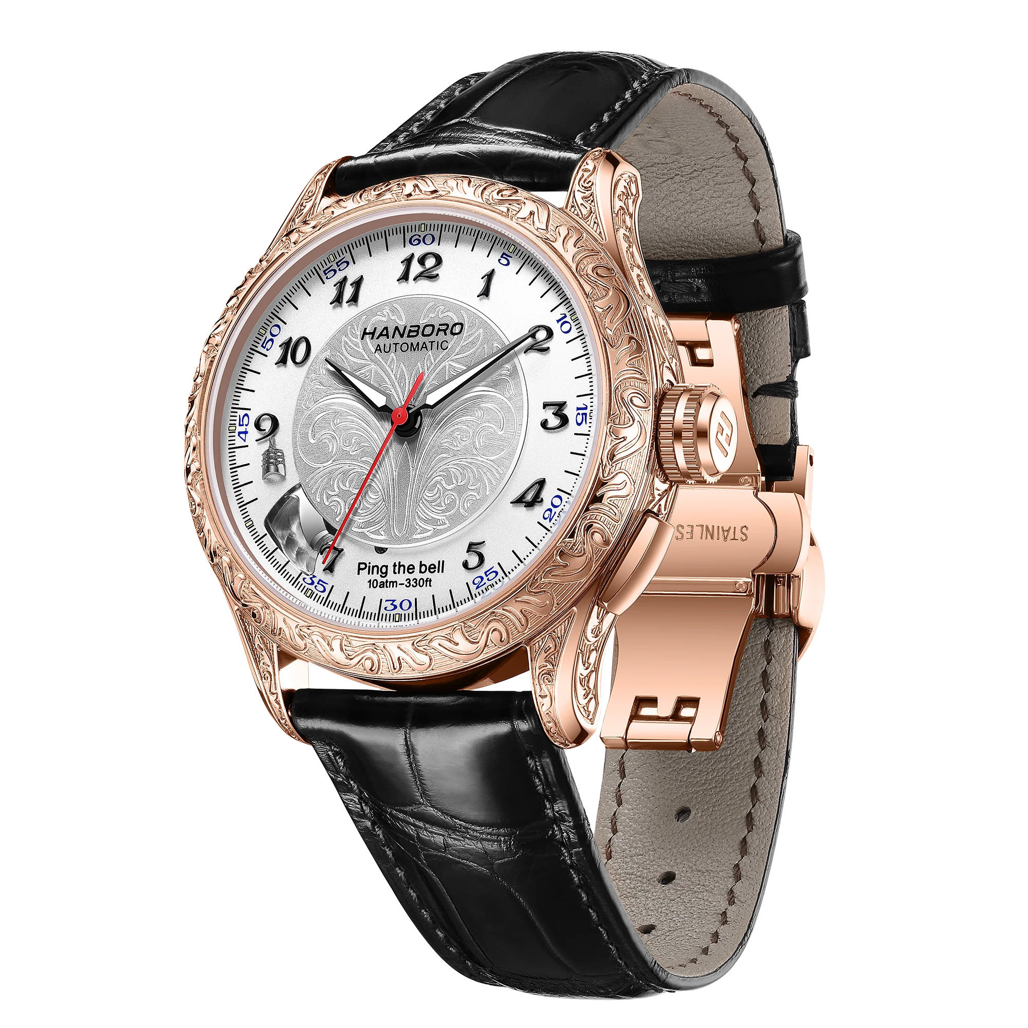 HANBORO Men Automatic Watch Luxury 42MM Hourly Alarm Mechanical Wristwatch 10ATM Sapphire Luminous Miyota 9015 Engraved Case