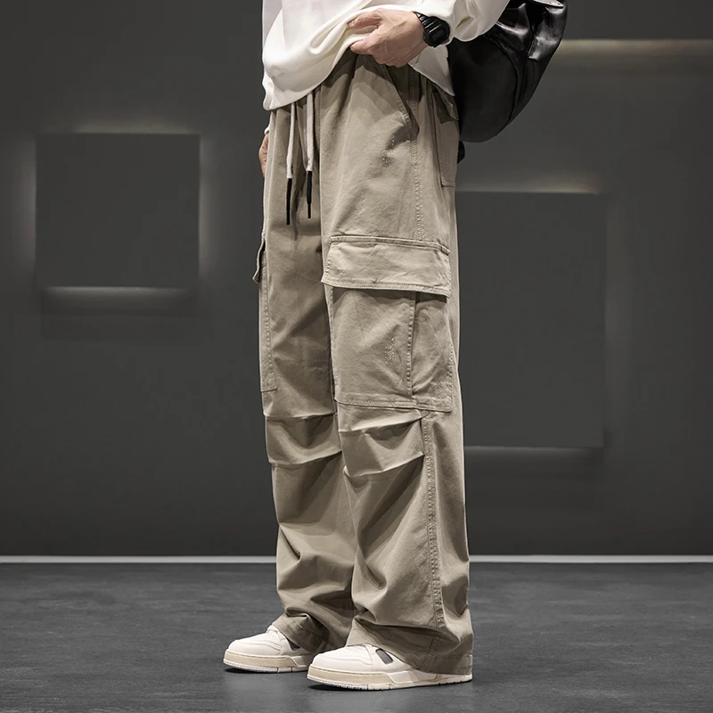 Autumn New Wide Leg Pocket Cargo Pants Men Trousers Neutral Loose Casual Cotton Straight Outdoor Fashion Pants Big Size 8xl