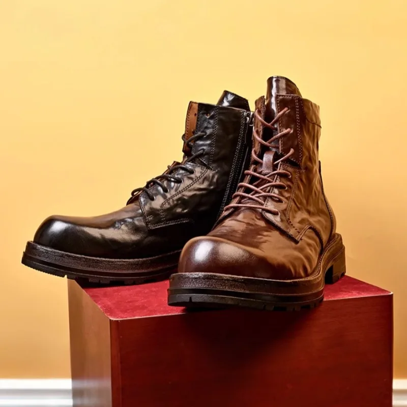 

British Style Men's Shoes Trendy Riding Boots Mid Calf Round Toe Genuine Leather Fashion High Top Outdoor Hiking Chelsea Boots