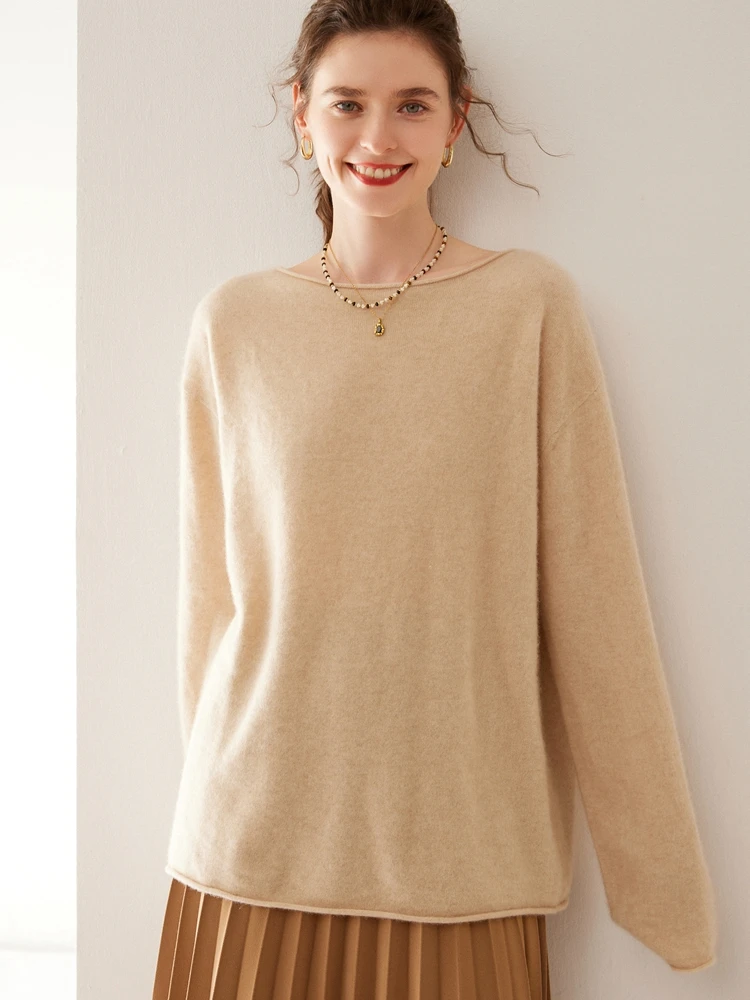 

New Chic Women 100% Cashmere Sweater Autumn Winter O-Neck Pullover Korean Style Soft Knitwear Basics Casual Loose Tops Clothing