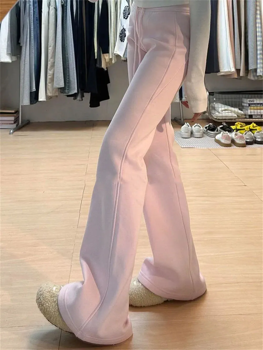 Pink High Waist Casual Lined Flared Casual Pants Women's Spring New Style Sporty Loose Fit Trousers Elegant Drapey Wide Leg Pant