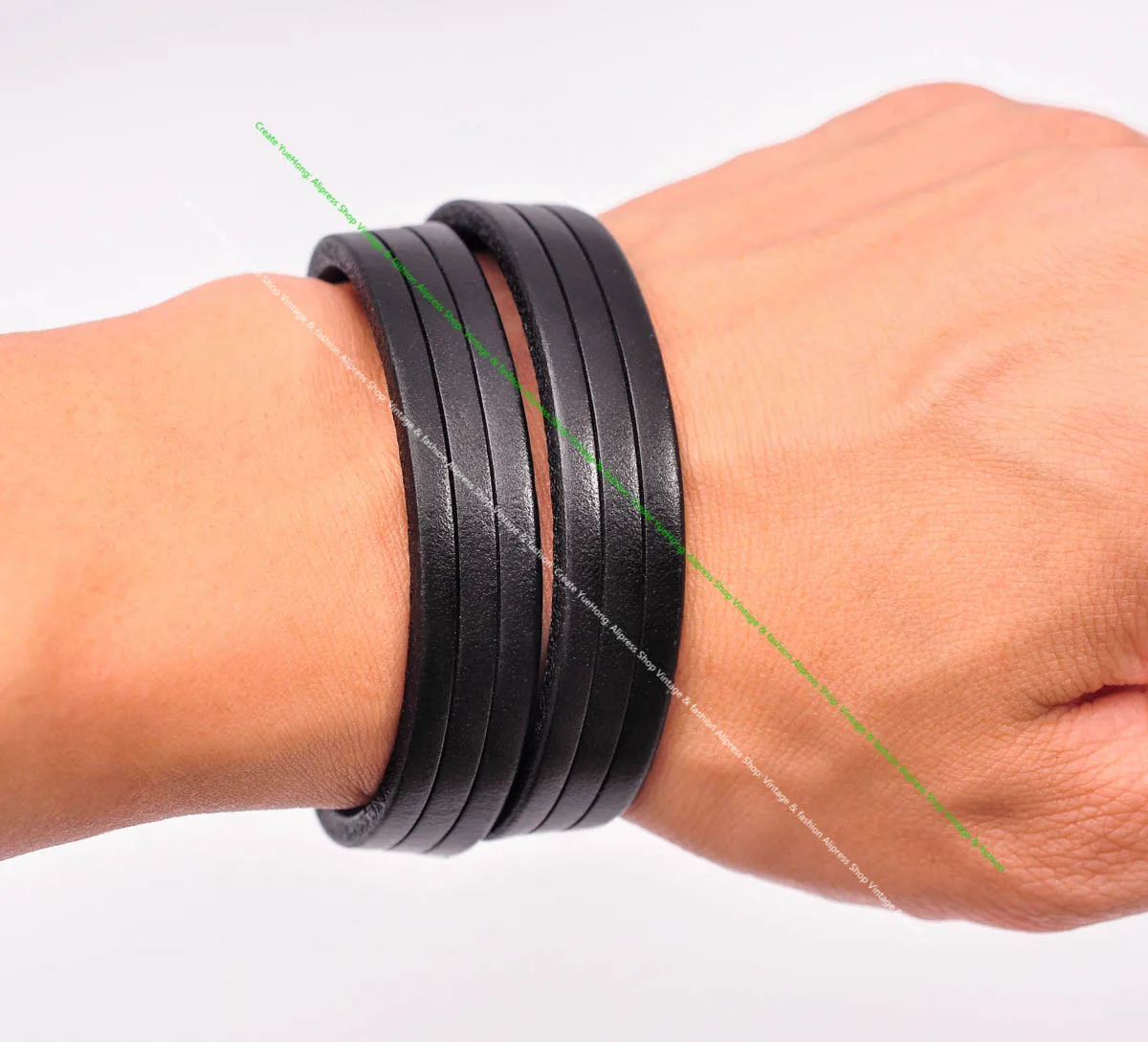 Handcraft Casual Biker Quality Black Line Strip Cowhide Veg Genuine Leather 2 Wrap Bracelet Wristband Cuff Bangle