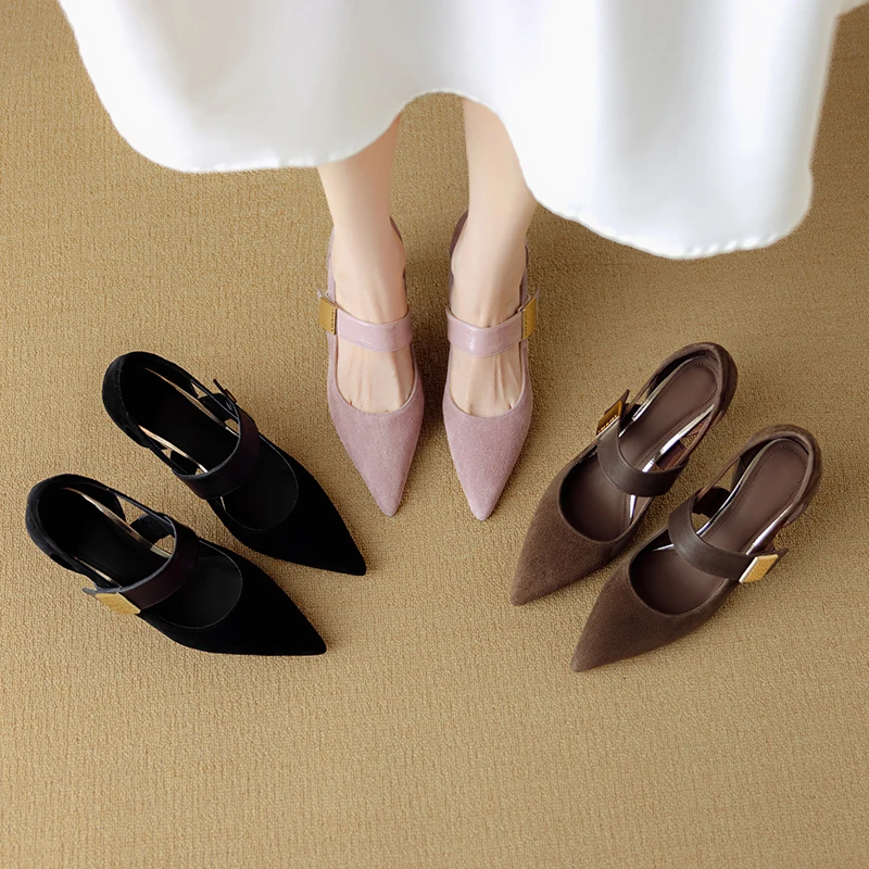 

Новинка 2023 года, летние женские сандалии из натуральной кожи, детская замша и овчины, женская обувь с пряжкой, туфли Мэри Джейн на высоком каблуке 22-25 см