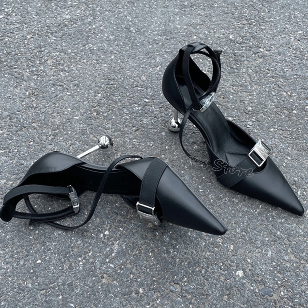 

Belt Buckle Pumps Metal Ball Strange Heels Pointed Toe Leather Novelty Fashion Elegant Luxury Sexy Hot Girls Shoes Newest Party