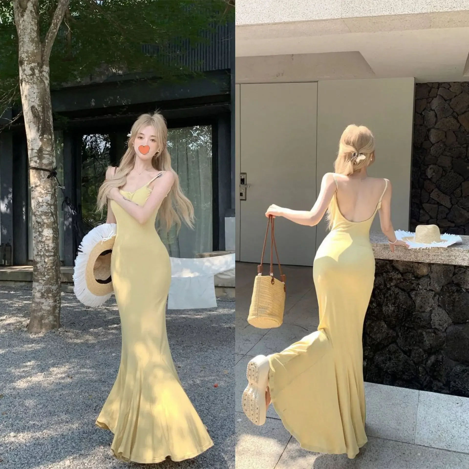 

Французские элегантные пляжные платья с U-образным вырезом, платье-бретелька, романтическое отпускное платье с рыбьим хвостом для женщин, сексуальное облегающее длинное платье с открытой спиной