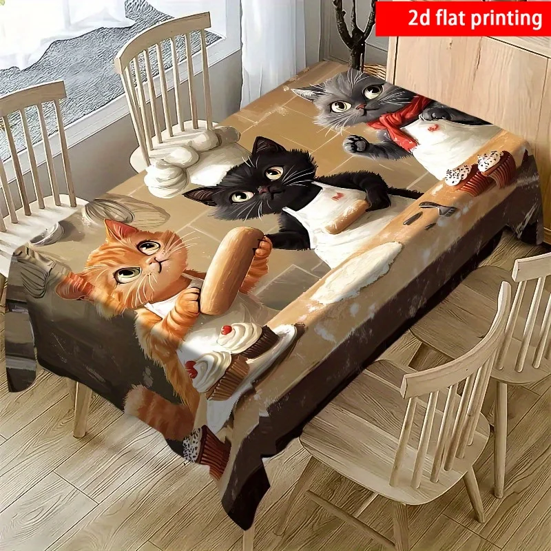 2D flat printing, 1 piece, tablecloth with a scene of a kitten making a cake printed on it