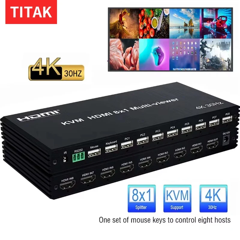 HDMI KVM Quad Splitter 4x1 8x1 4K Multiviewer USB Keyboard Seamless Switch for Multi Display Audio Video