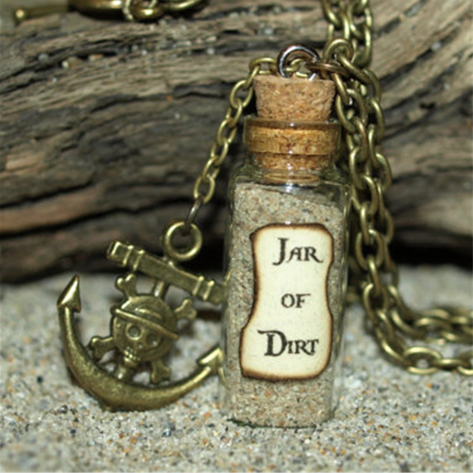 Jar of Dirt Glass Bottle Necklace Pirate Anchor Charm Pirates of the Caribbean Jack Inspired Jewelry