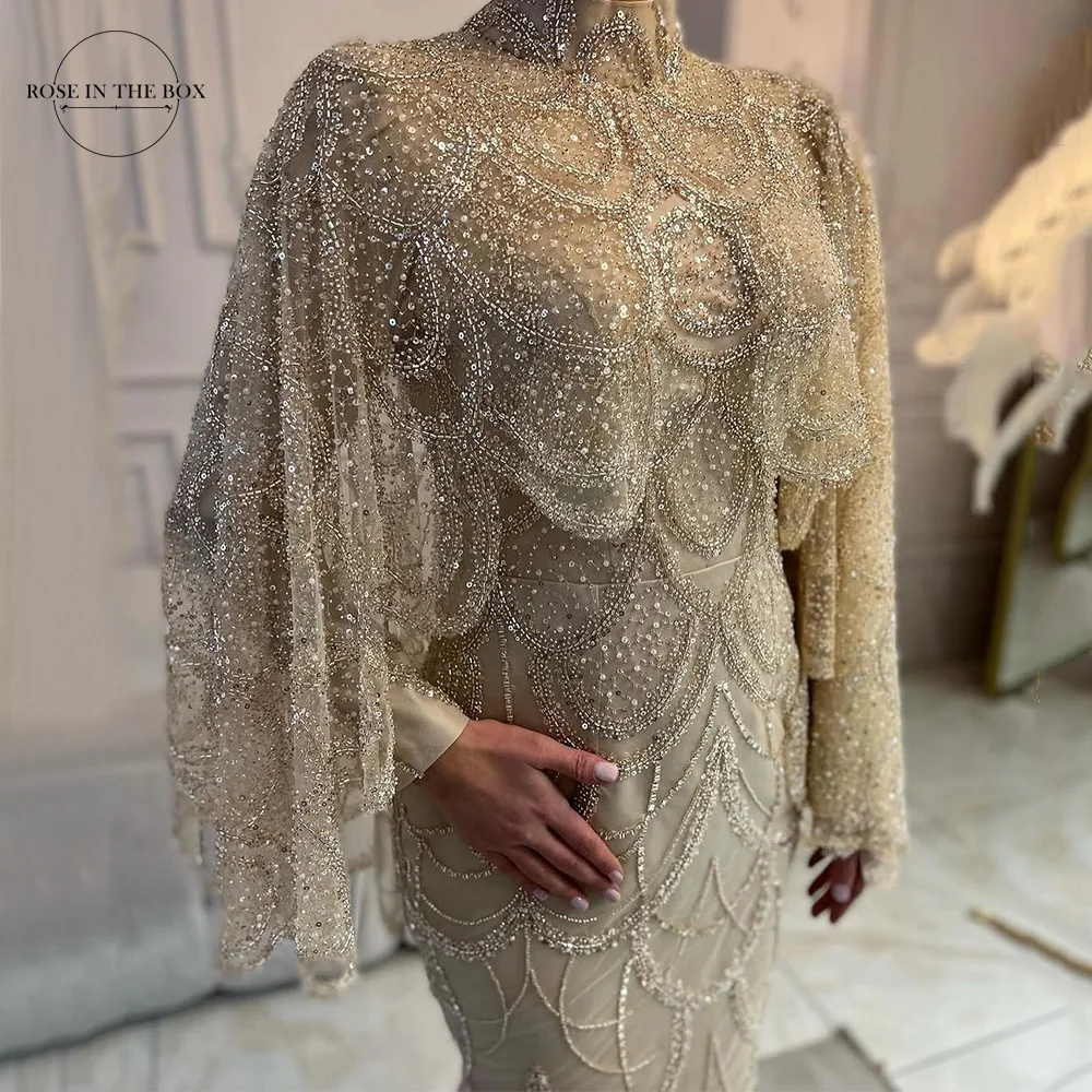 Luxury Beaded Evening Dresses with Cape Dubai Customized Mermaid Elegant Long Sleeves Arabia Formal Gowns For Women Party