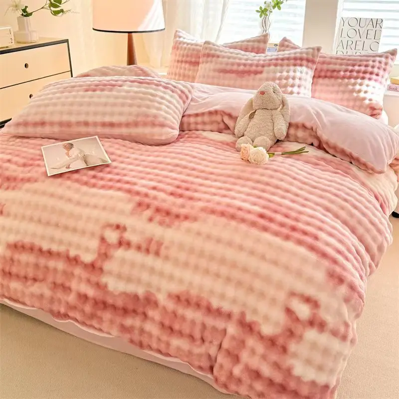 2024 new winter thickened rabbit plush bed four-piece set coral milk plush bed with plush quilt cover