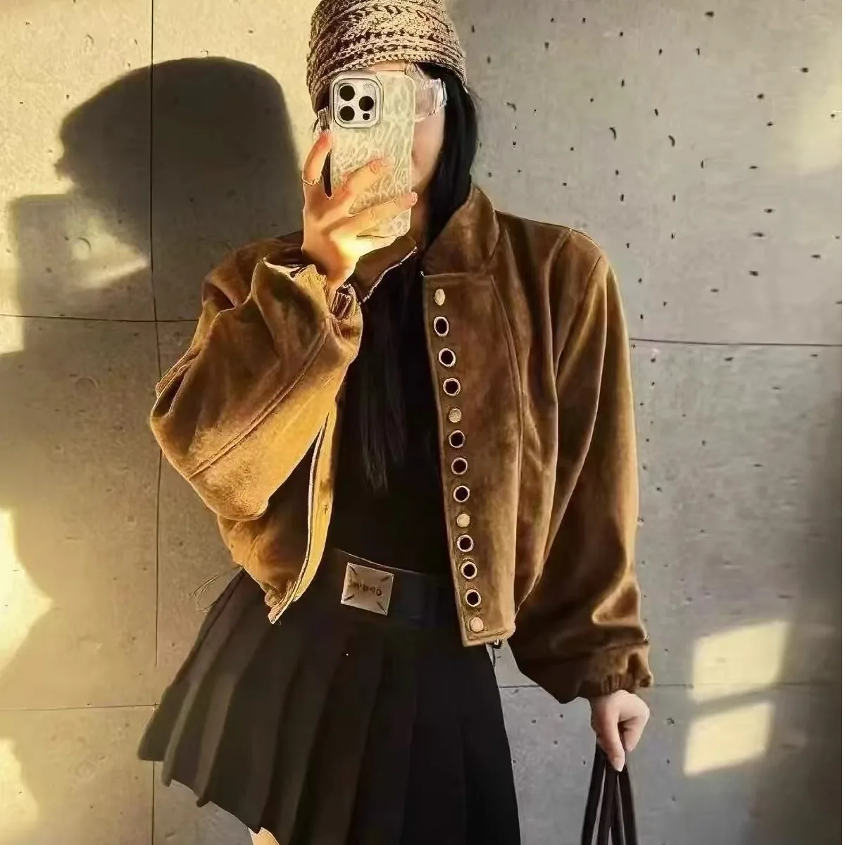 Women's Suede Jacket Coat with Drawstring Casual round Buckle Autumn Fashion Retro Short Top Synthetic Leather Long Sleeve