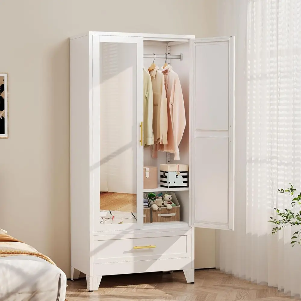 71 High Metal Wardrobe with Mirror, Adjustable Shelves, and Clothes Storage for Bedroom (White)