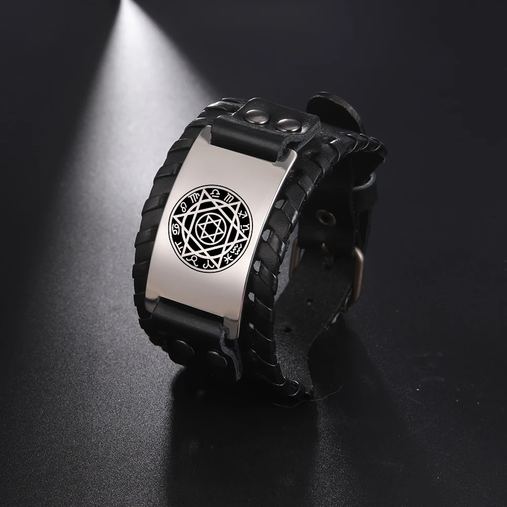 Vassago Vintage Star of David Leather Bracelet for Men Stainless Steel Bangle Classic Pattern Hand Accessories