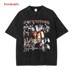 Sylvester Stallone T Shirt Vintage Washed Old School TopsTees Oversized DTG Printing T-shirt Short Sleeve Sweatshirts Man Cotton