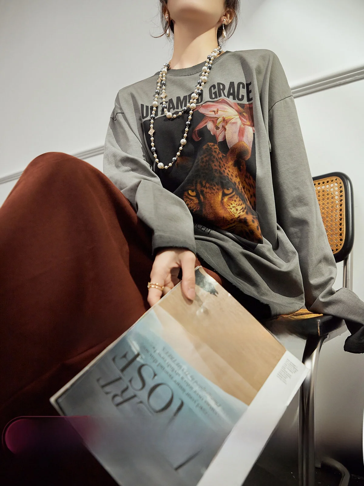 

Retro Sle Long Sve Leopard Print T-irt Women's Loose Fit Versatile Top Autumn Collection Uncle Brand