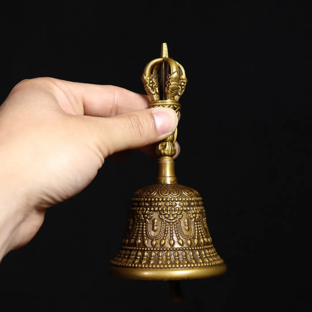 Tibetan small copper bell brass hand-beaten chisel engraved five-strand rattle ornaments, vajra ritual utensils, Buddhist hall s