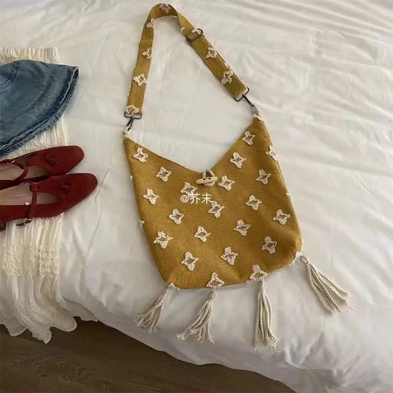 

JIAERDI Harajuku Canvas Tassel Yellow Handbag Women Retro Star Large Capacity Tote Bag Ladies Artistic Casual Crossbody Bags New