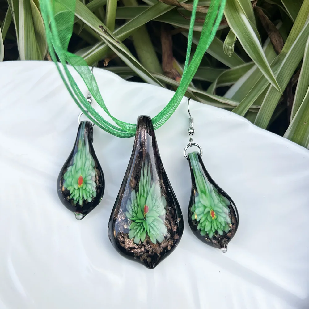 1Set Handmade Murano Lampwork Glass Quartz Crystal Flower Leaf Pendant Necklace Women Gauze Belt Glaze Charm Jewelry Gift Beach