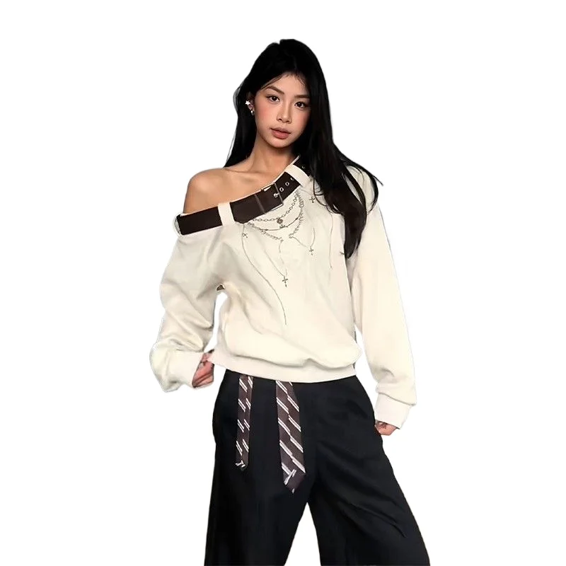 

American Spice Girl Slanted Shoulder Sweater Design Sense Belt Loose and Thin Subculture Off-the-shoulder Long-sleeved Top Tide