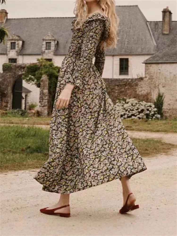 Cotton Ruffles Midi Dress Women Floral Printed Prairie Chic Long Sleeve Female Robe 2024 Autumn