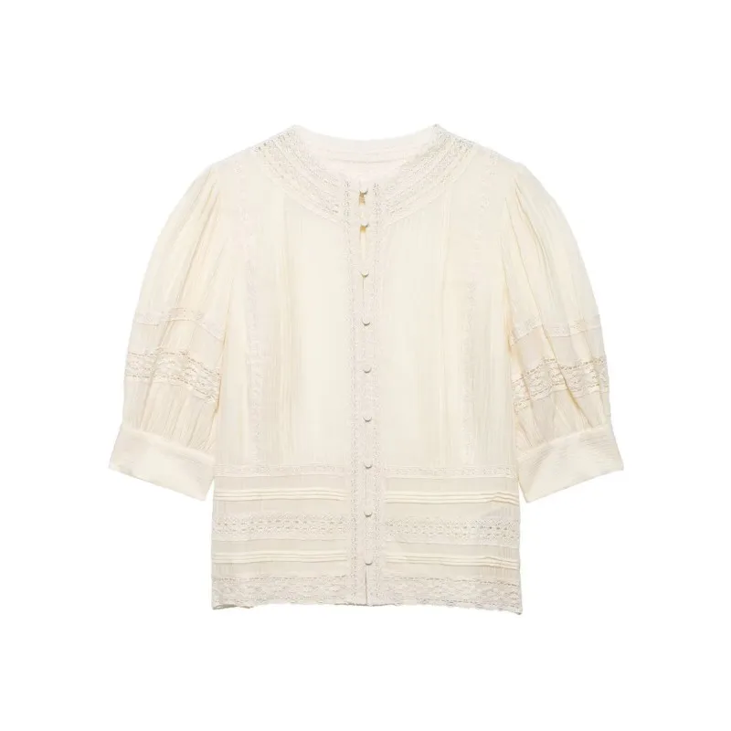 

Women's Romantic Lace Blouse Casual O Neck Puffed Half Sleeve Button Lady Tops Solid Female Shirts & Blouses
